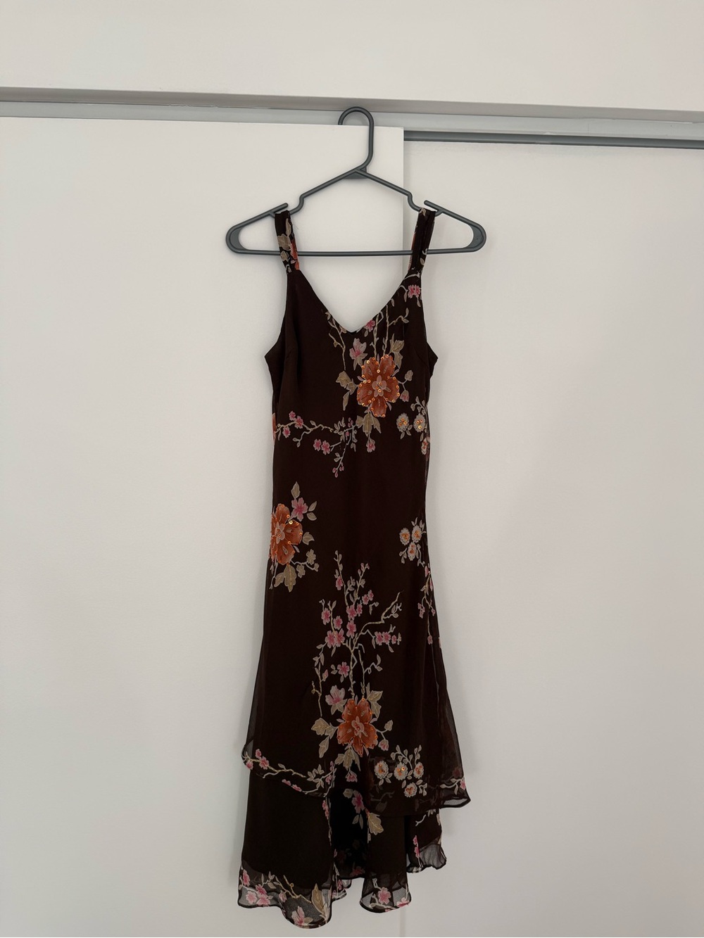 90s Inspired Chocolate Brown Floral Slip Midi Dress